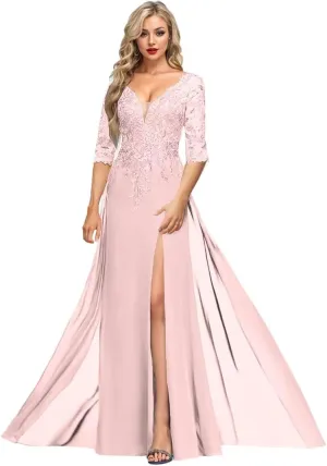 1/2 Sleeve Mother of The Bride Dresses for Women Lace Applique Sequin Slit Formal Evening Dresses for Women Elegant