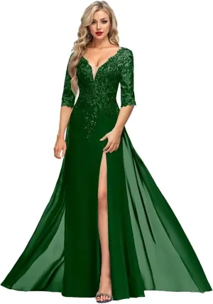 1/2 Sleeve Mother of The Bride Dresses for Women Lace Applique Sequin Slit Formal Evening Dresses for Women Elegant