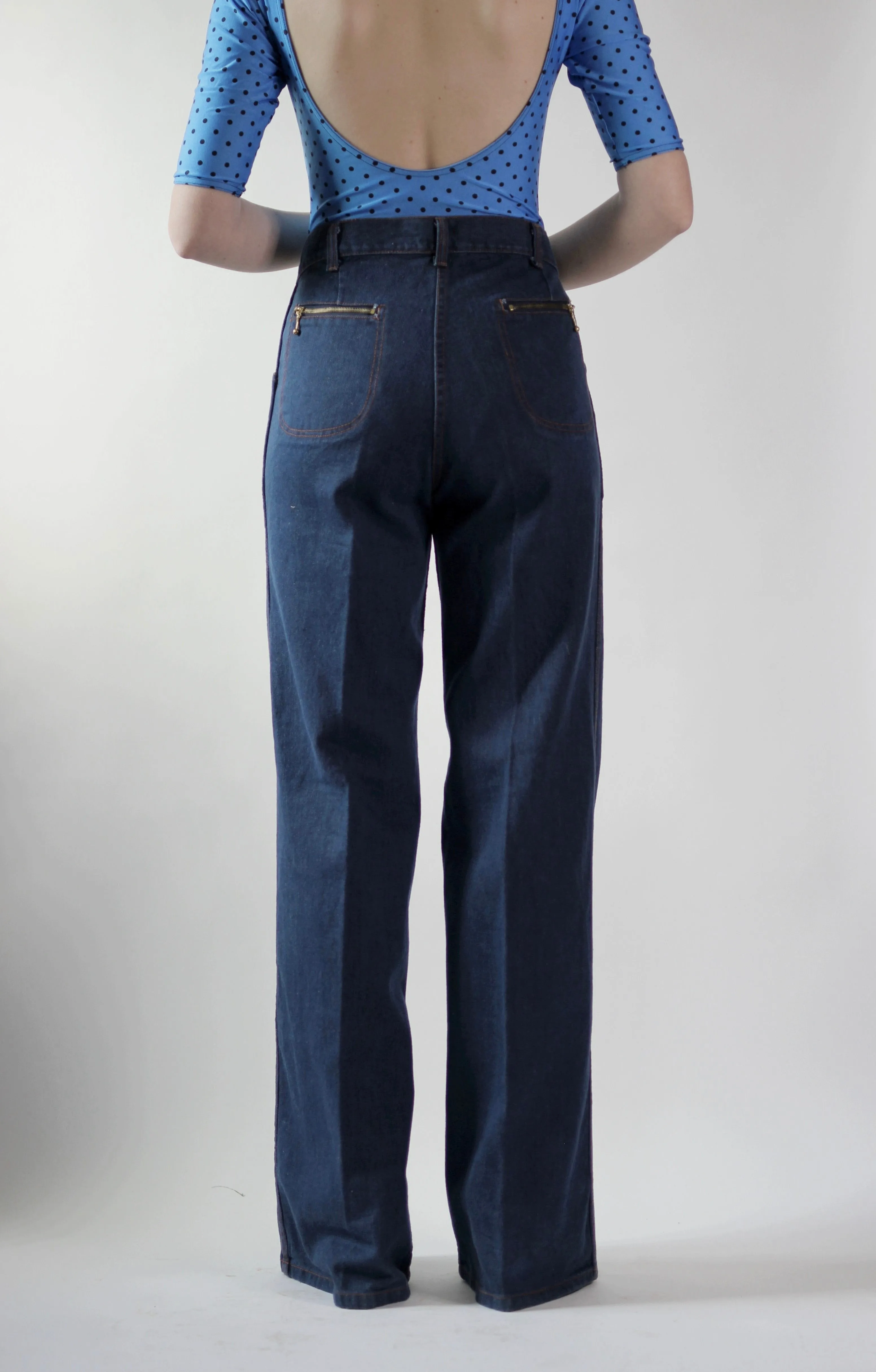 1970s Blue High Waisted Vtg. Flare Denim Pants//Size M/L