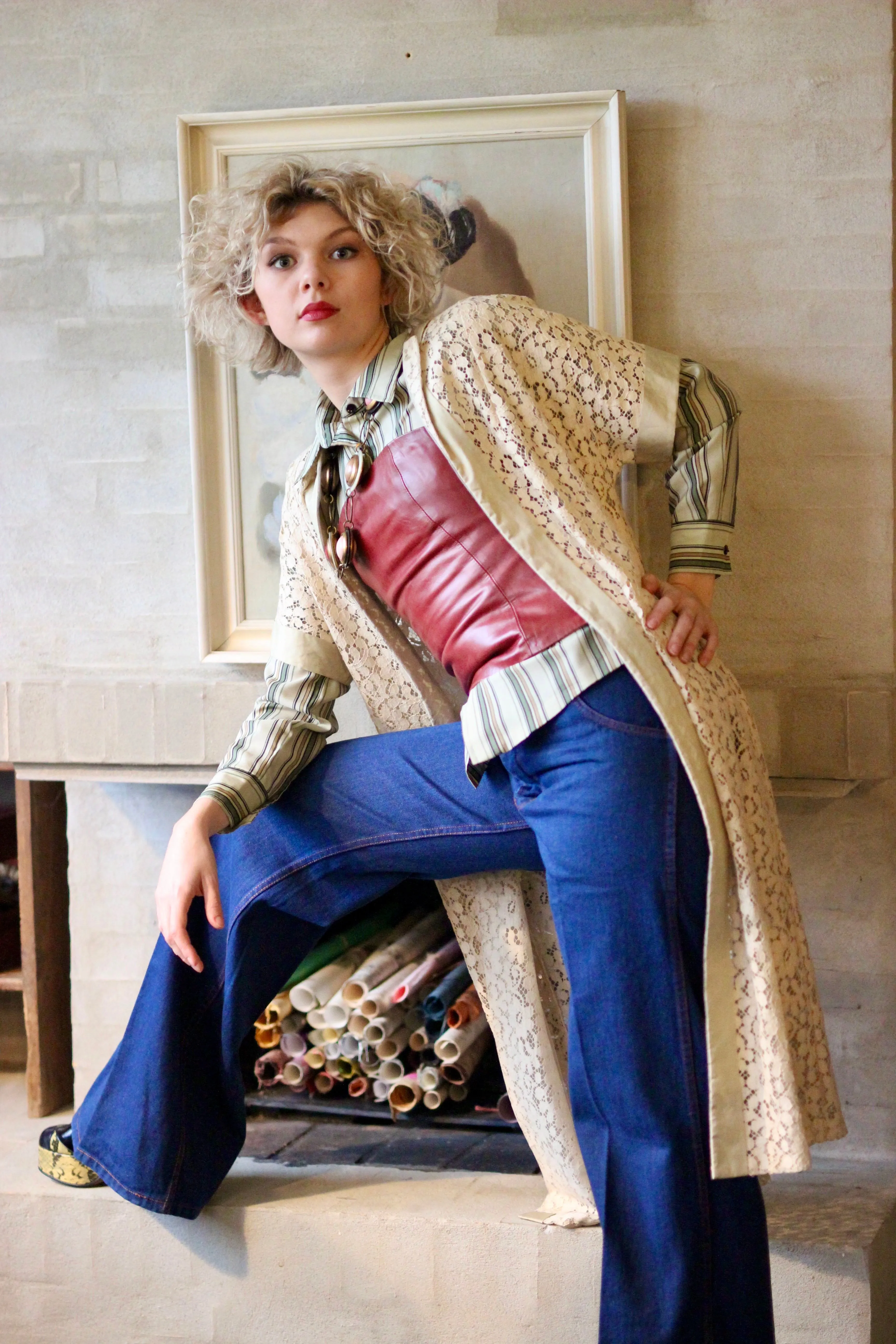 1970s Blue High Waisted Vtg. Flare Denim Pants//Size M/L