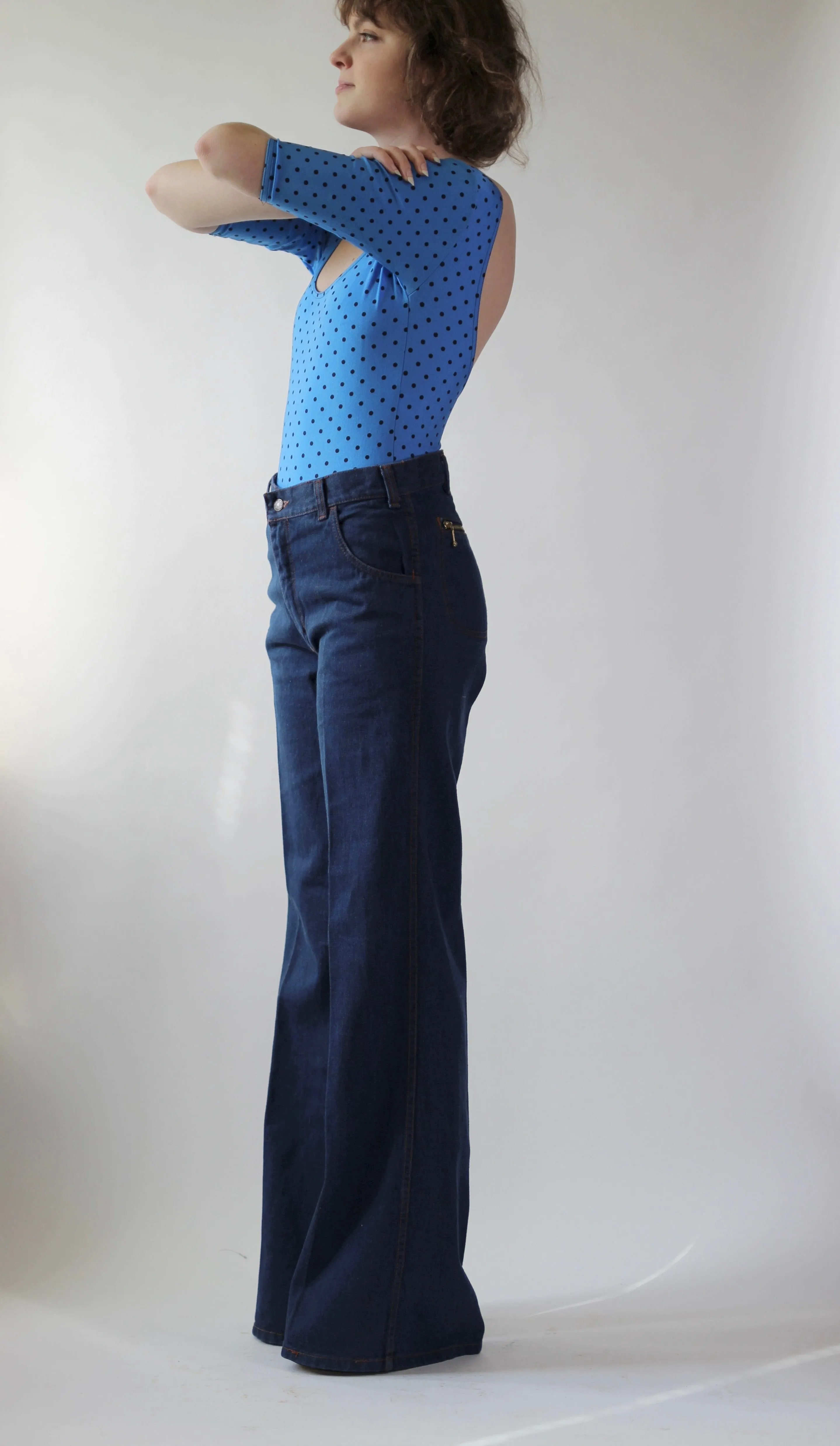 1970s Blue High Waisted Vtg. Flare Denim Pants//Size M/L