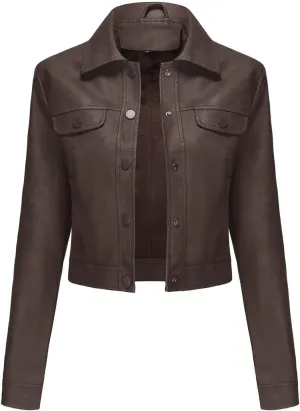 2024 Faux Leather Jackets For Women Lightweight Vintage Button Down 80s Shacket Jackets Fashion Lapel Cropped Jackets