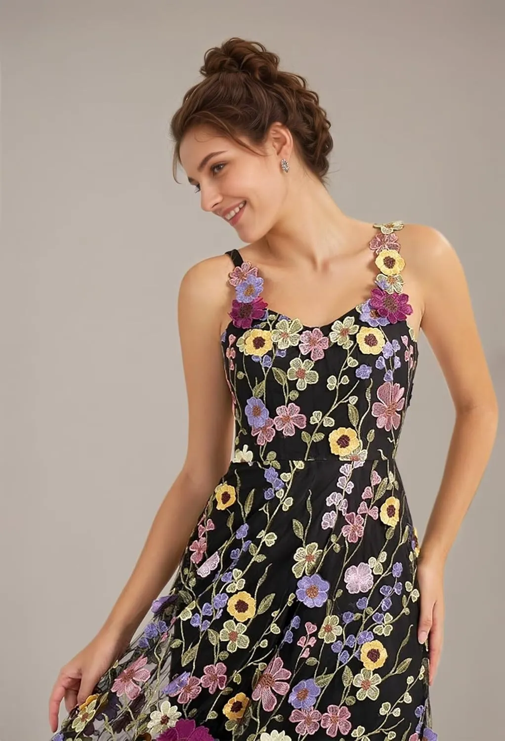 3D Floral Embroidery Prom Dresses for Women Long Spaghetti Straps Flower Applique Tulle Formal Gown Evening Dress