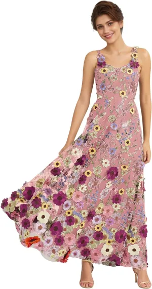 3D Floral Embroidery Prom Dresses for Women Long Spaghetti Straps Flower Applique Tulle Formal Gown Evening Dress