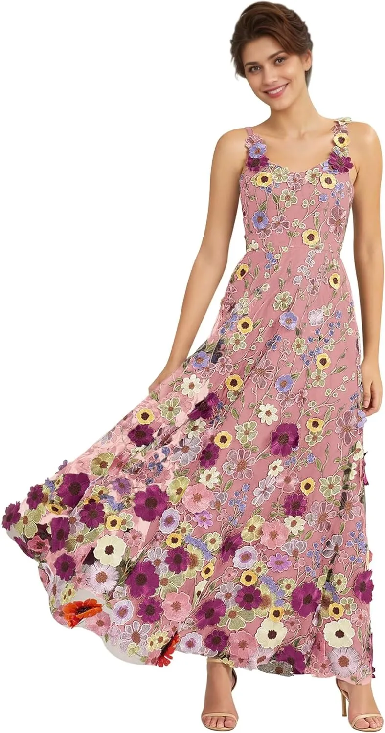 3D Floral Embroidery Prom Dresses for Women Long Spaghetti Straps Flower Applique Tulle Formal Gown Evening Dress
