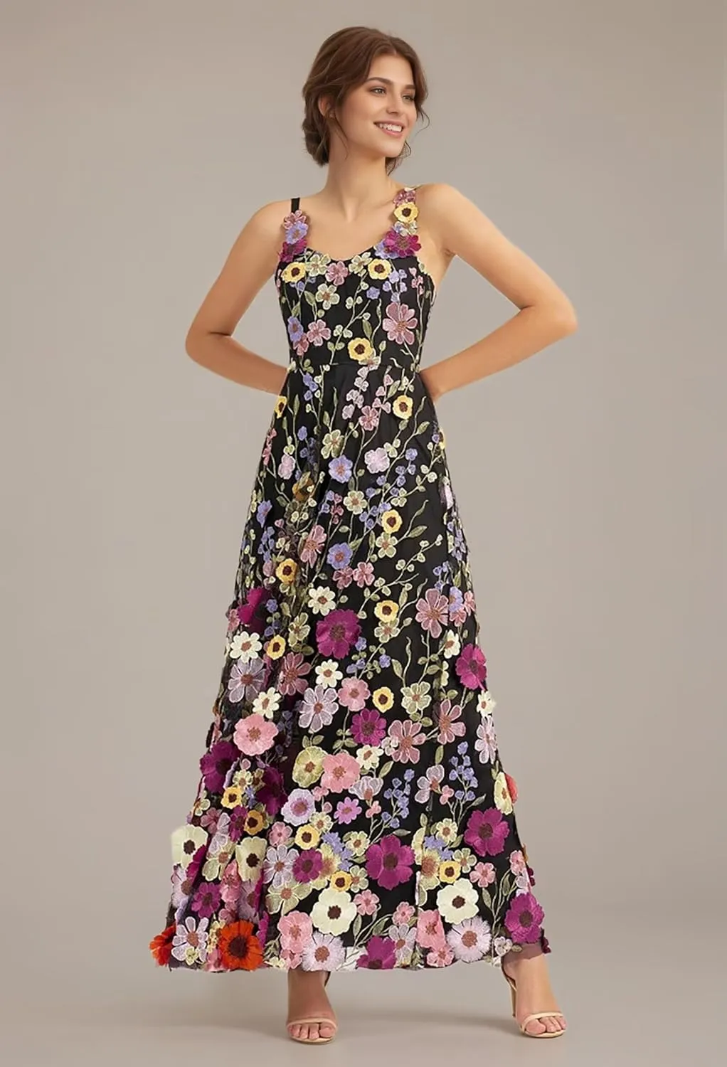 3D Floral Embroidery Prom Dresses for Women Long Spaghetti Straps Flower Applique Tulle Formal Gown Evening Dress