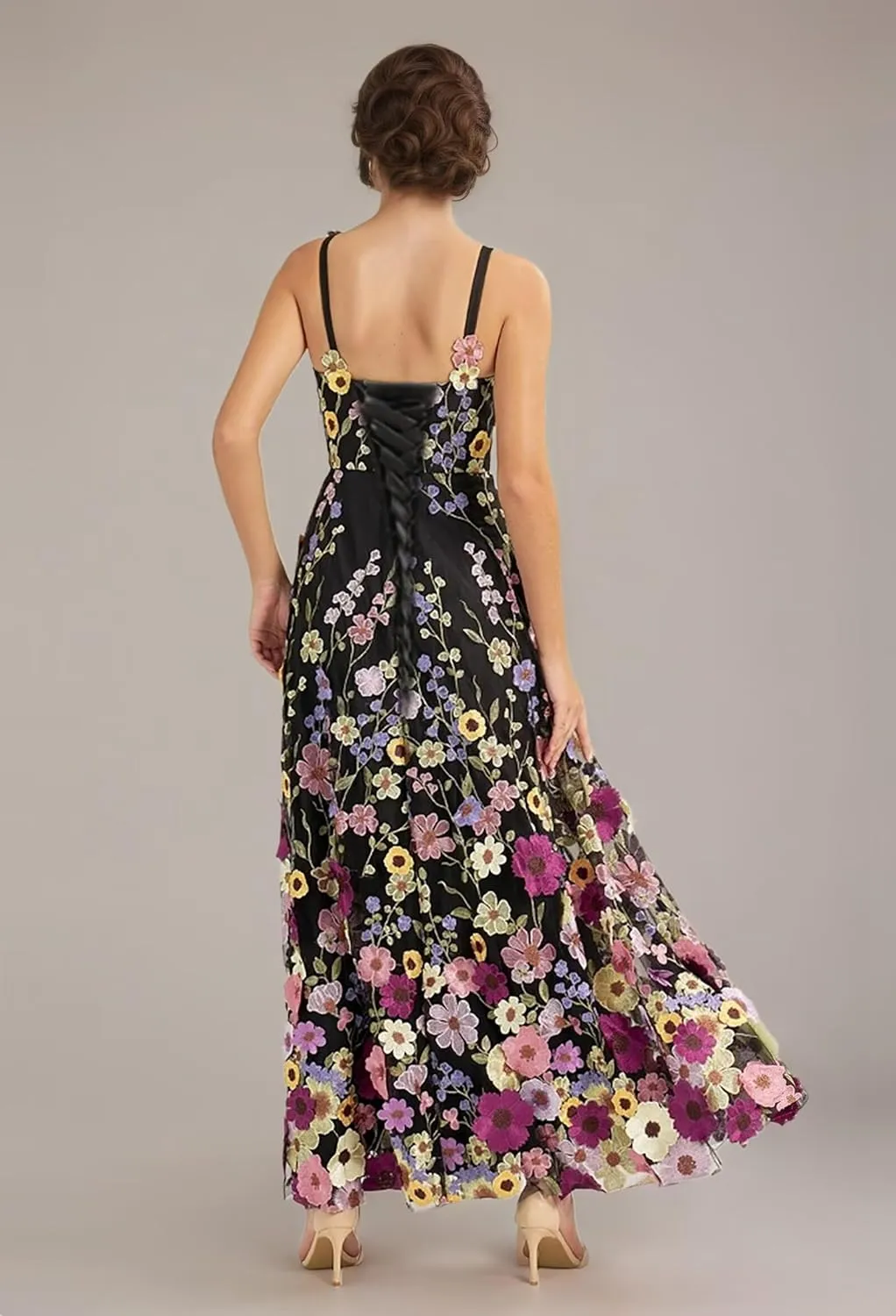 3D Floral Embroidery Prom Dresses for Women Long Spaghetti Straps Flower Applique Tulle Formal Gown Evening Dress