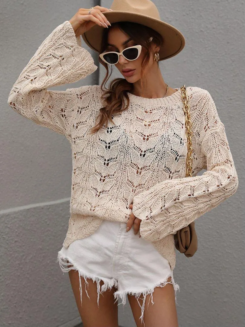 Airy Openwork Knit Long Sleeve Top