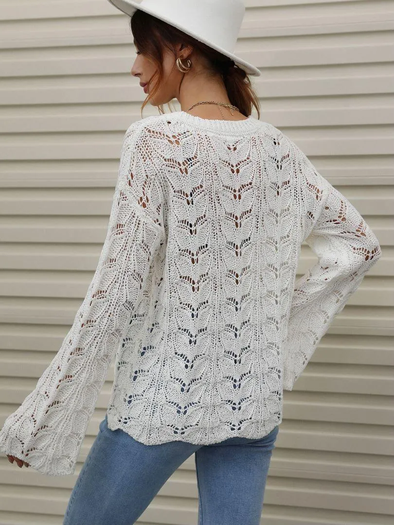 Airy Openwork Knit Long Sleeve Top