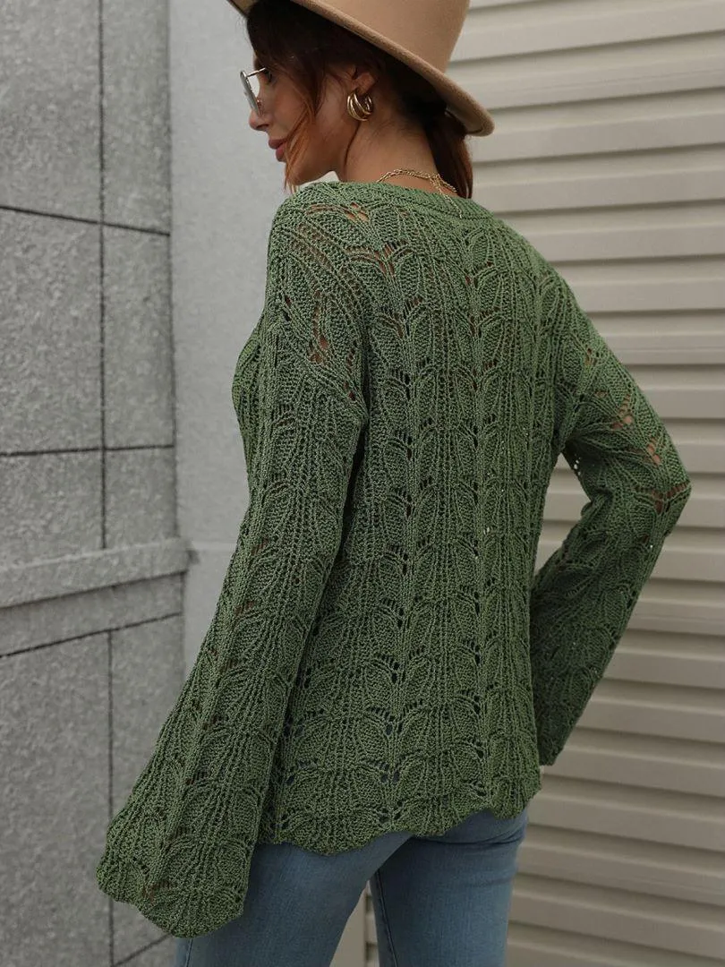 Airy Openwork Knit Long Sleeve Top