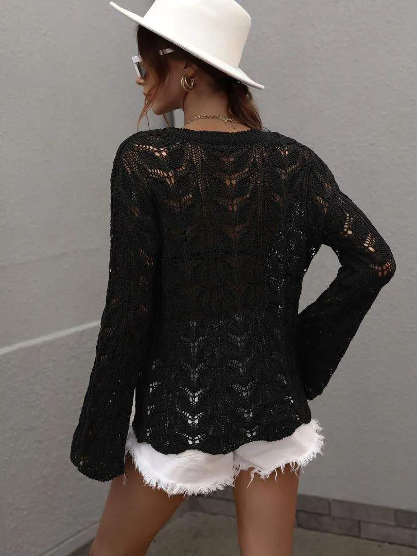 Airy Openwork Knit Long Sleeve Top
