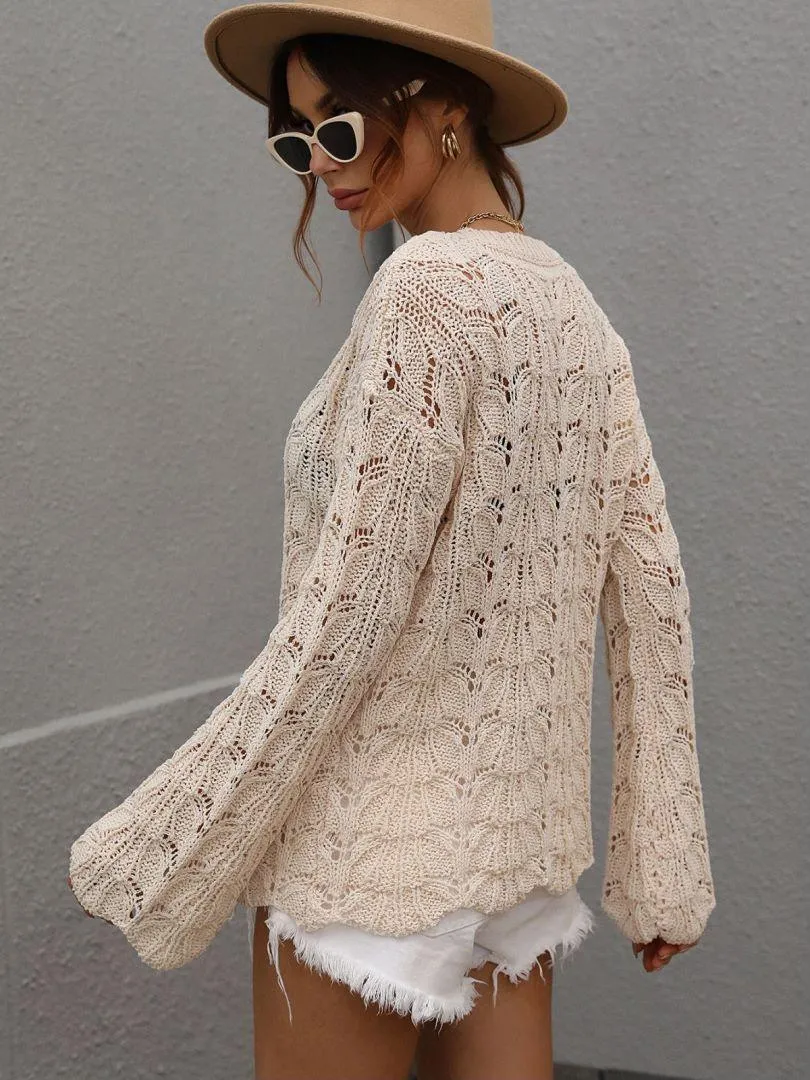 Airy Openwork Knit Long Sleeve Top