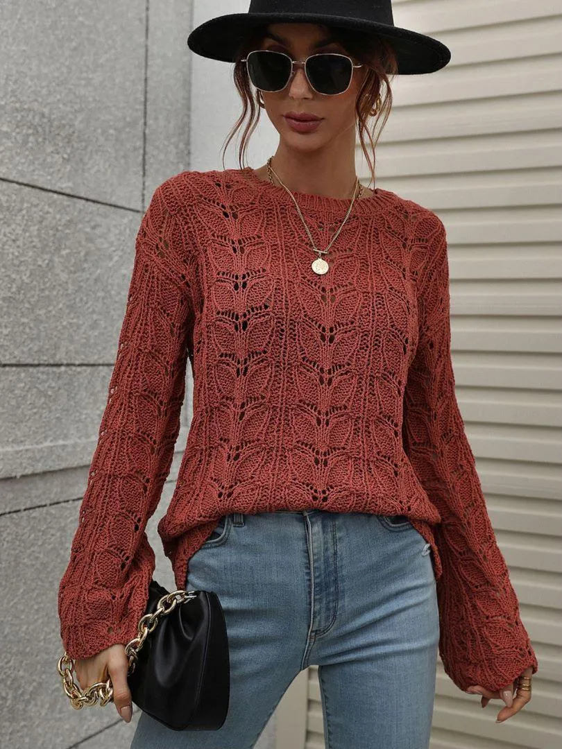 Airy Openwork Knit Long Sleeve Top