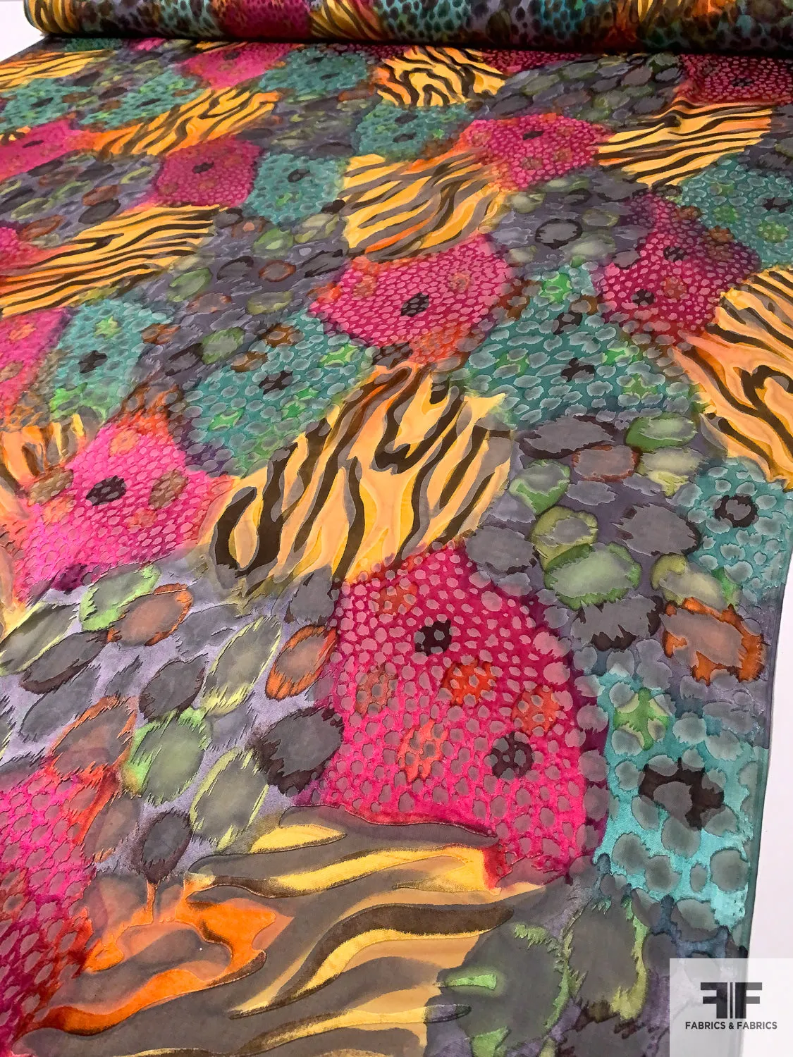 Animal Pattern Collage Printed Satin Burnout Silk Chiffon - Magenta / Orange / Greens / Black
