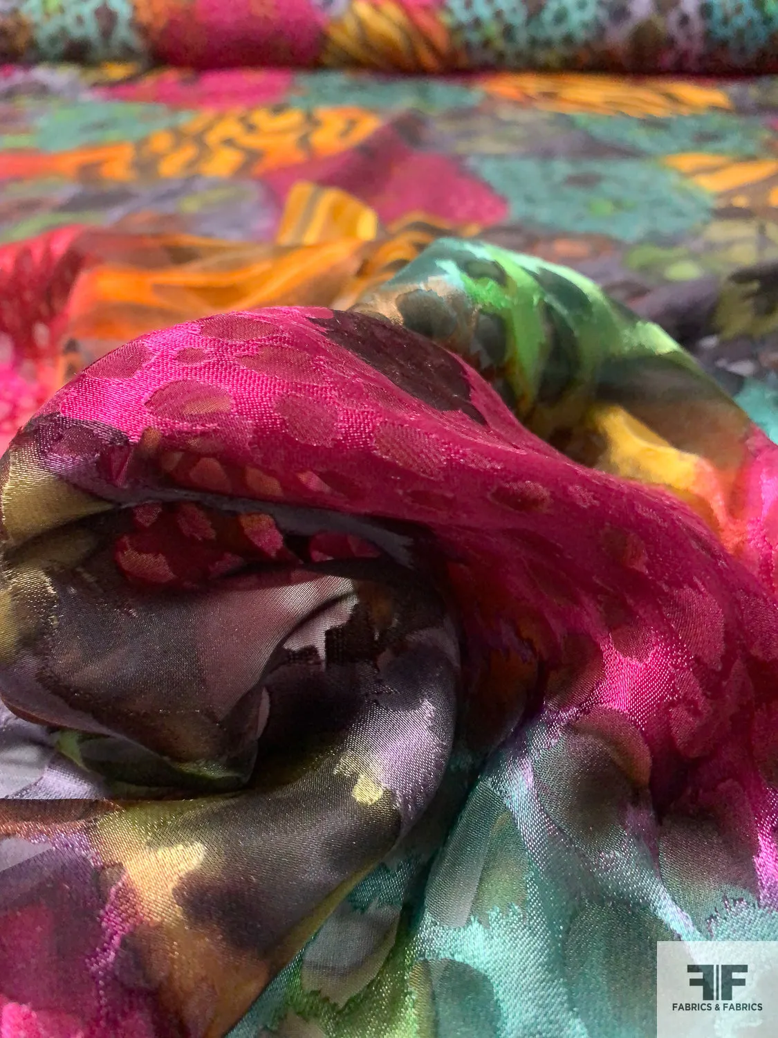 Animal Pattern Collage Printed Satin Burnout Silk Chiffon - Magenta / Orange / Greens / Black