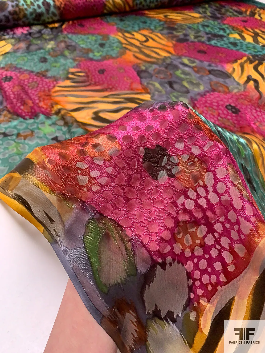 Animal Pattern Collage Printed Satin Burnout Silk Chiffon - Magenta / Orange / Greens / Black