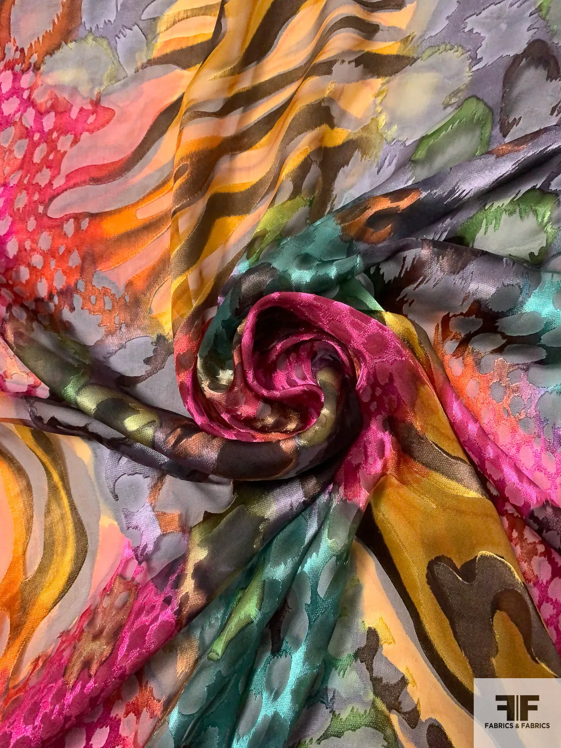 Animal Pattern Collage Printed Satin Burnout Silk Chiffon - Magenta / Orange / Greens / Black