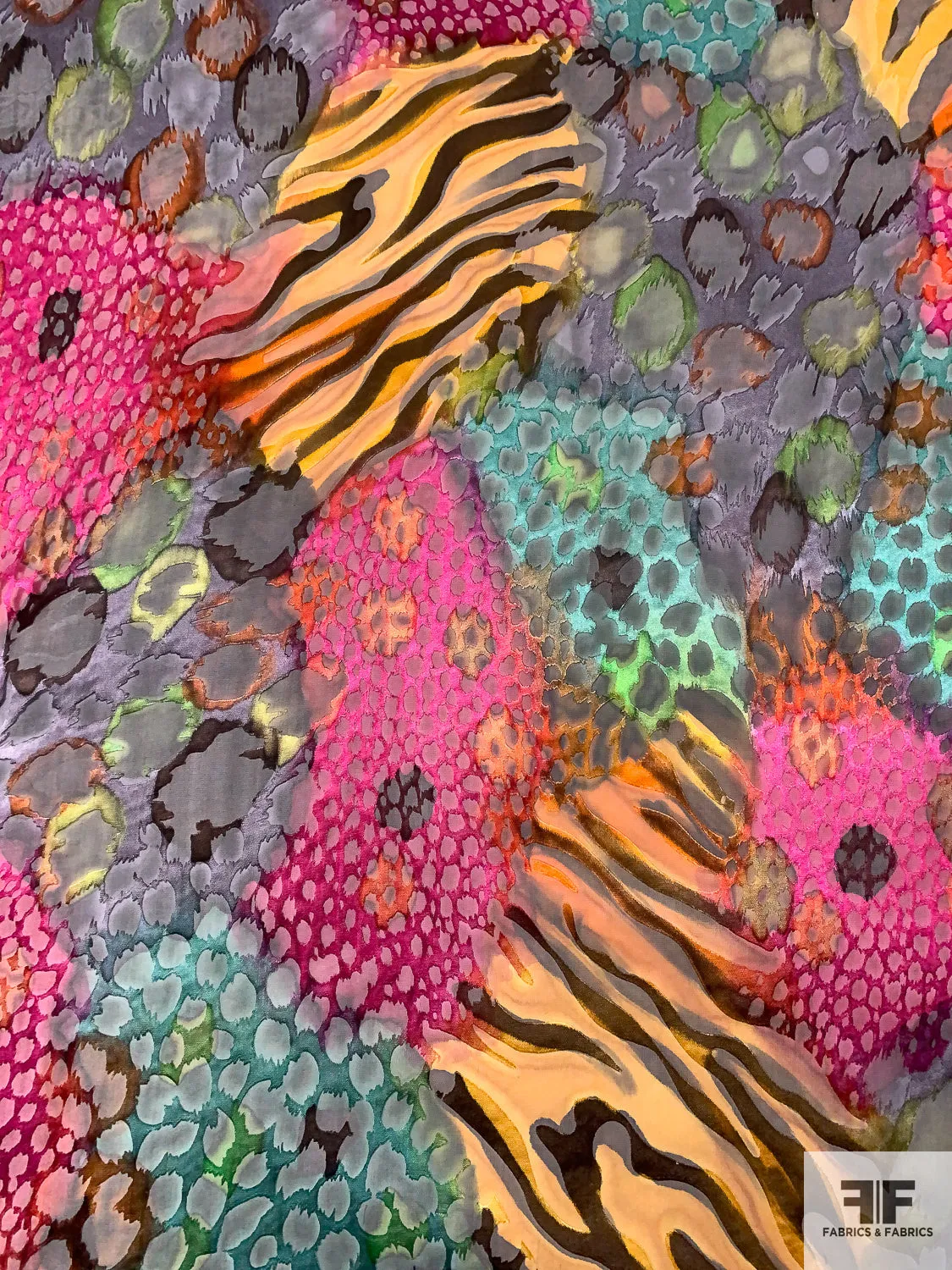 Animal Pattern Collage Printed Satin Burnout Silk Chiffon - Magenta / Orange / Greens / Black