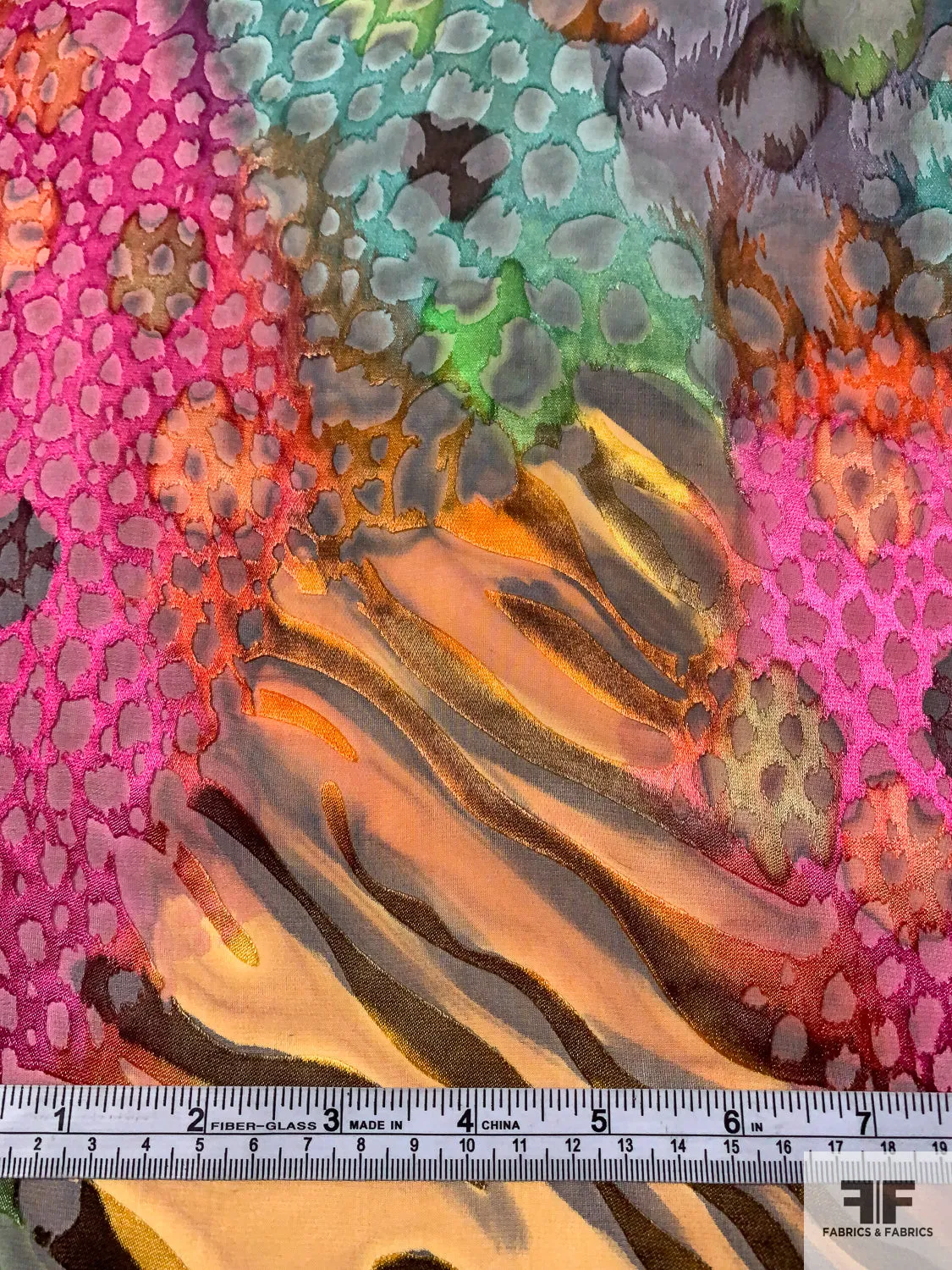 Animal Pattern Collage Printed Satin Burnout Silk Chiffon - Magenta / Orange / Greens / Black