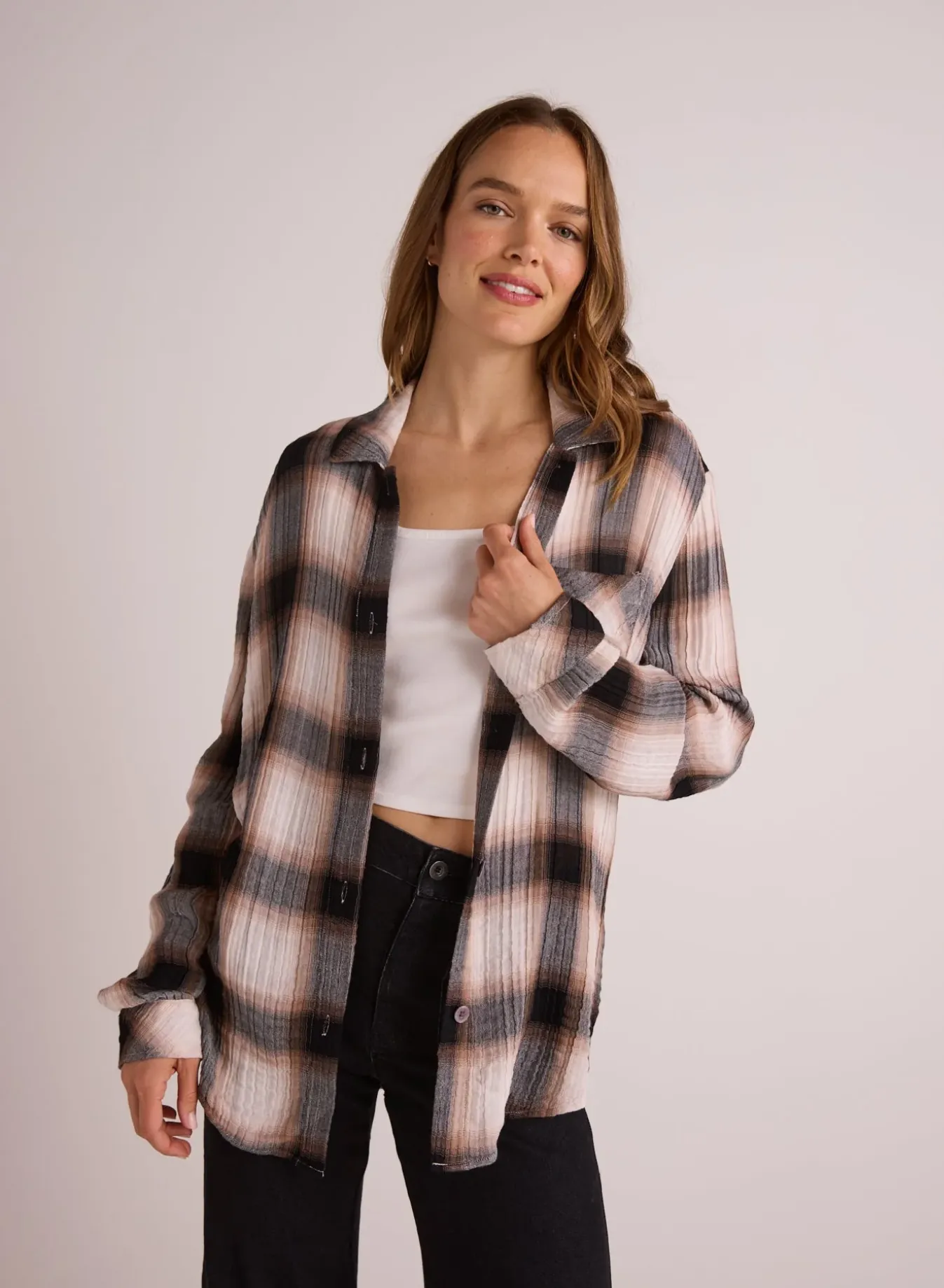 Bella Dahl Oversized Pocket Shirt - Winter Taupe Plaid