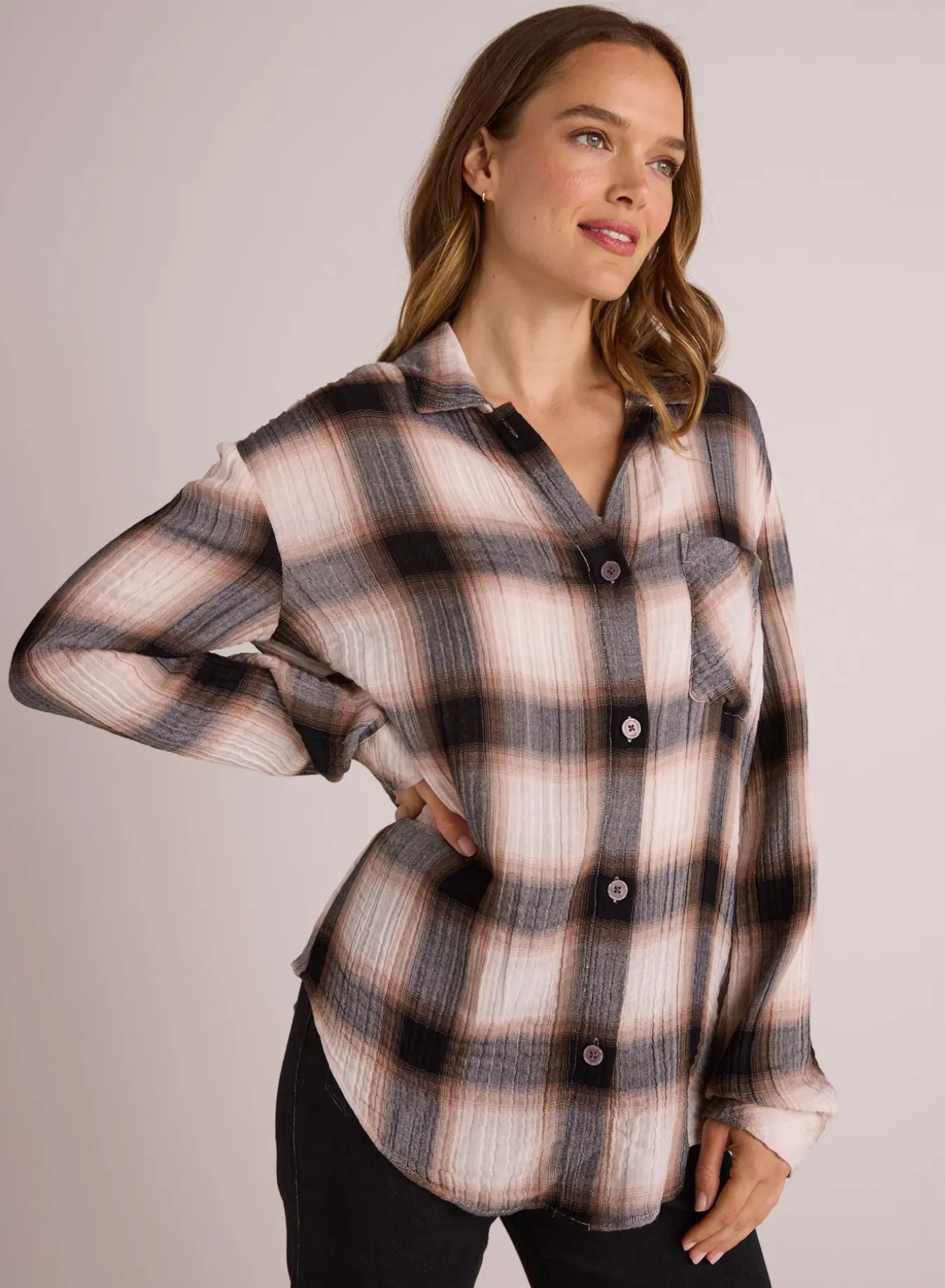 Bella Dahl Oversized Pocket Shirt - Winter Taupe Plaid