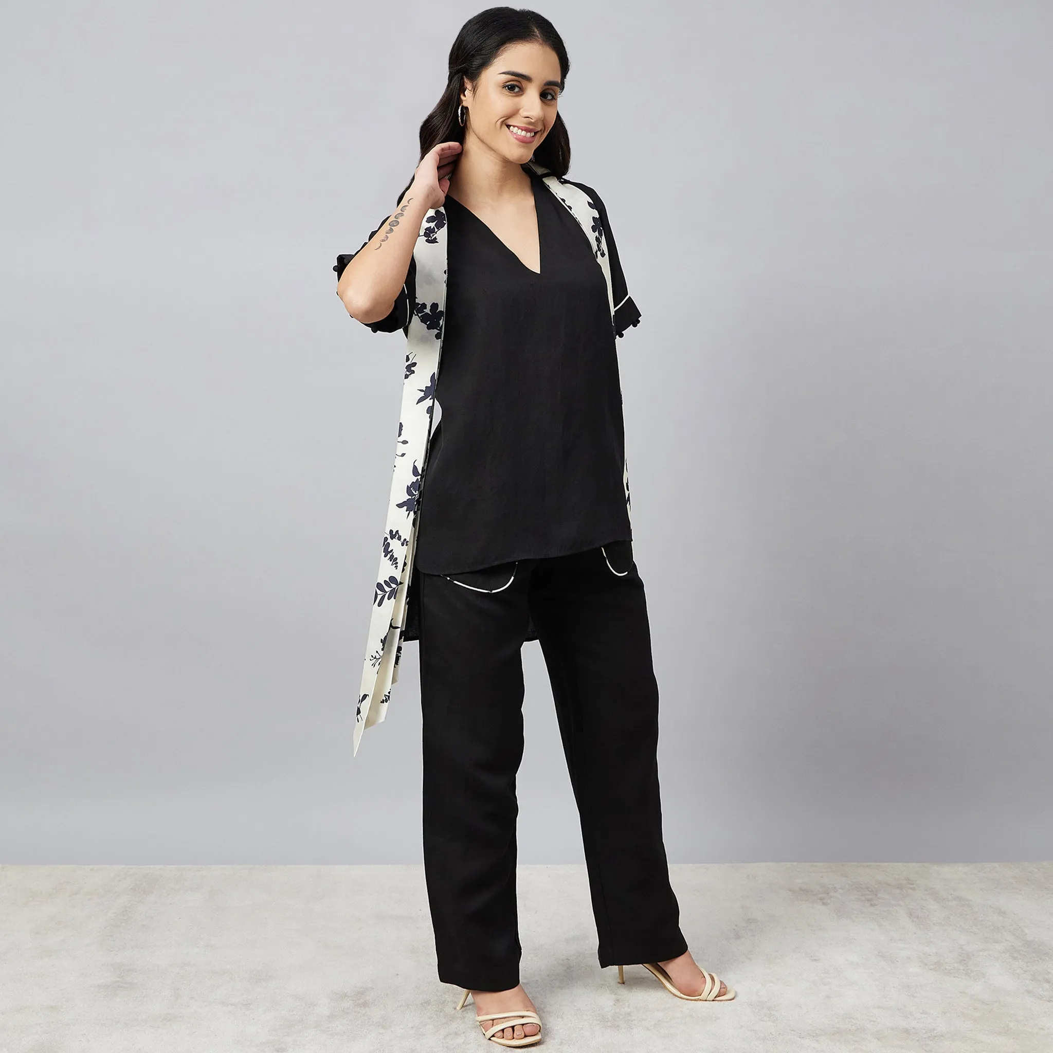 Black and Ivory Linen Top and Pants Set