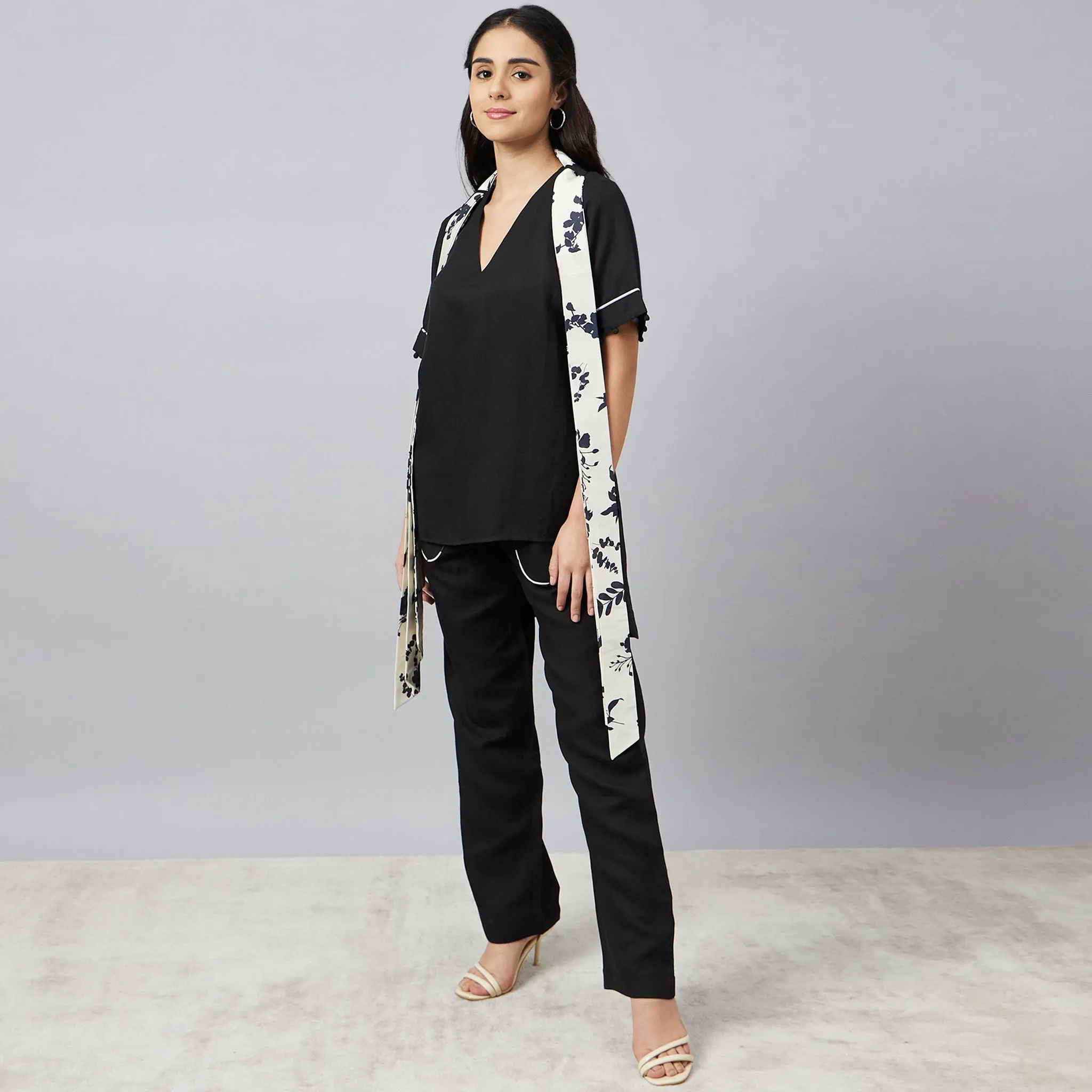 Black and Ivory Linen Top and Pants Set