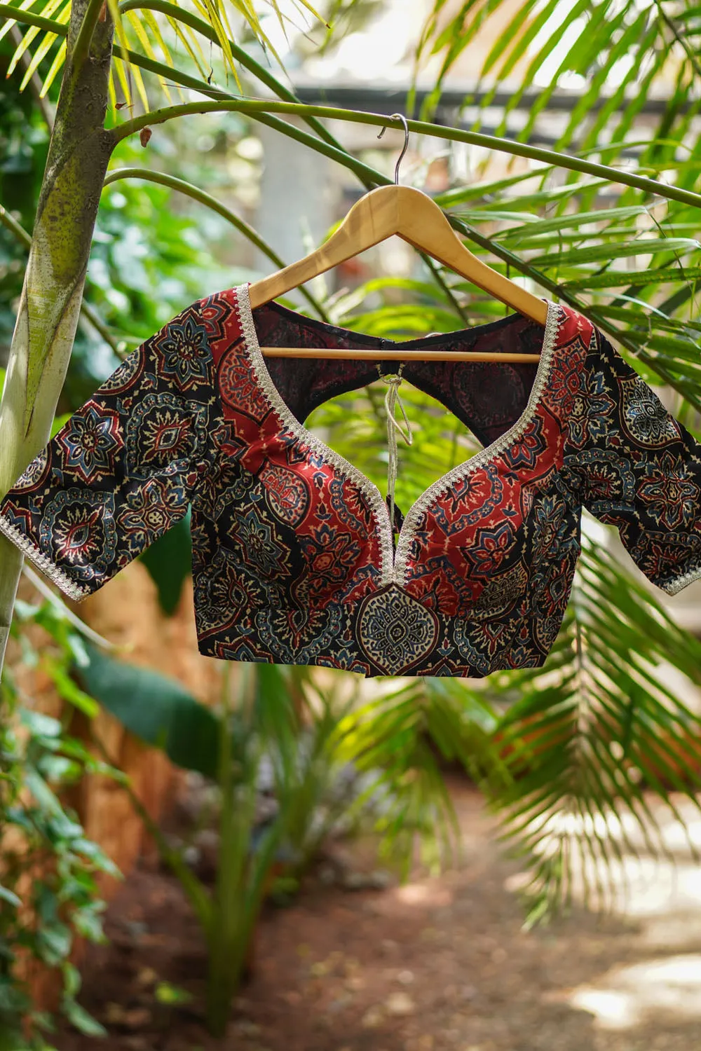 Black and Red Ajrakh Modal Silk Blouse with gota detailing Mix and Match Blouse for saree, Made to Order