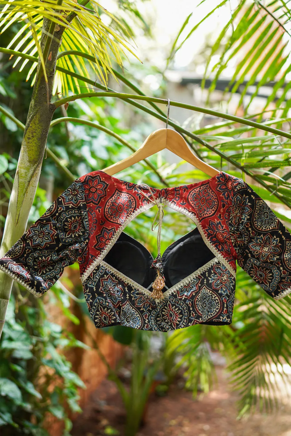 Black and Red Ajrakh Modal Silk Blouse with gota detailing Mix and Match Blouse for saree, Made to Order