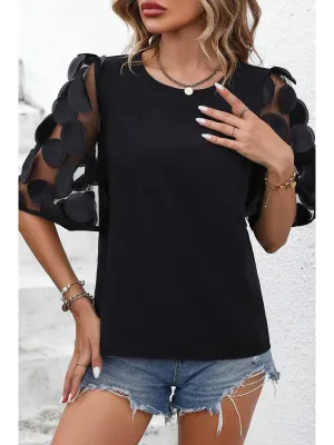 Black Contrast Applique Mesh Half Sleeve Blouse