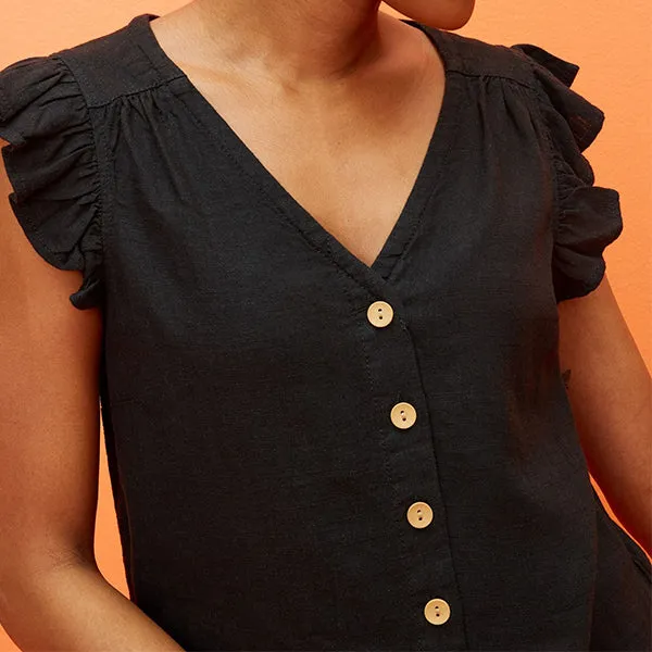 Black Linen Blend Ruffle Sleeve Top