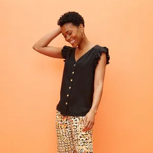Black Linen Blend Ruffle Sleeve Top