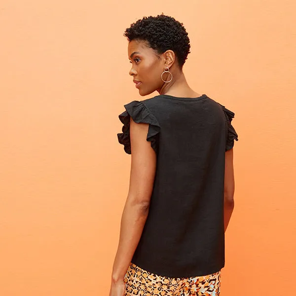 Black Linen Blend Ruffle Sleeve Top