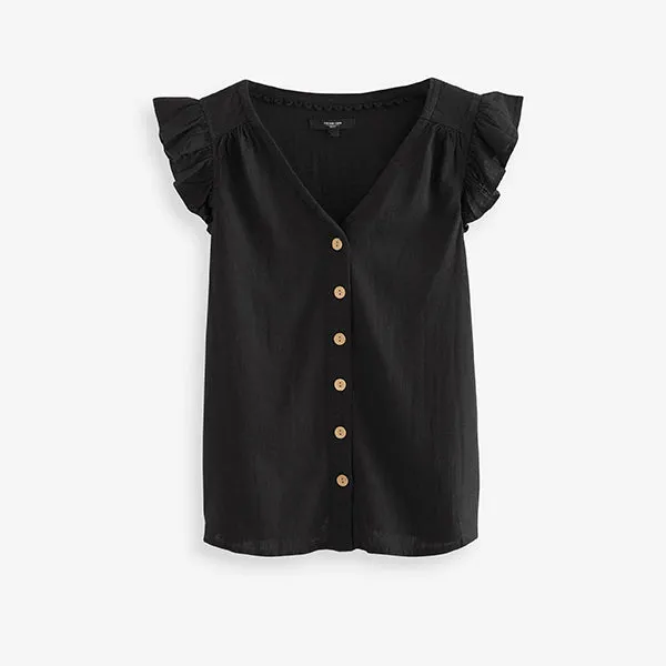 Black Linen Blend Ruffle Sleeve Top