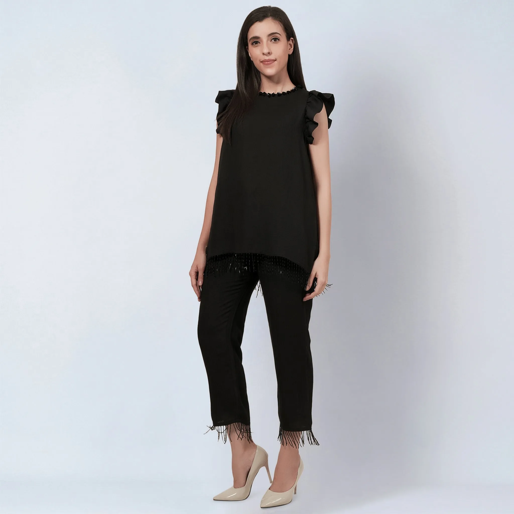 Black Linen Top and Pants Set with Bead Lace