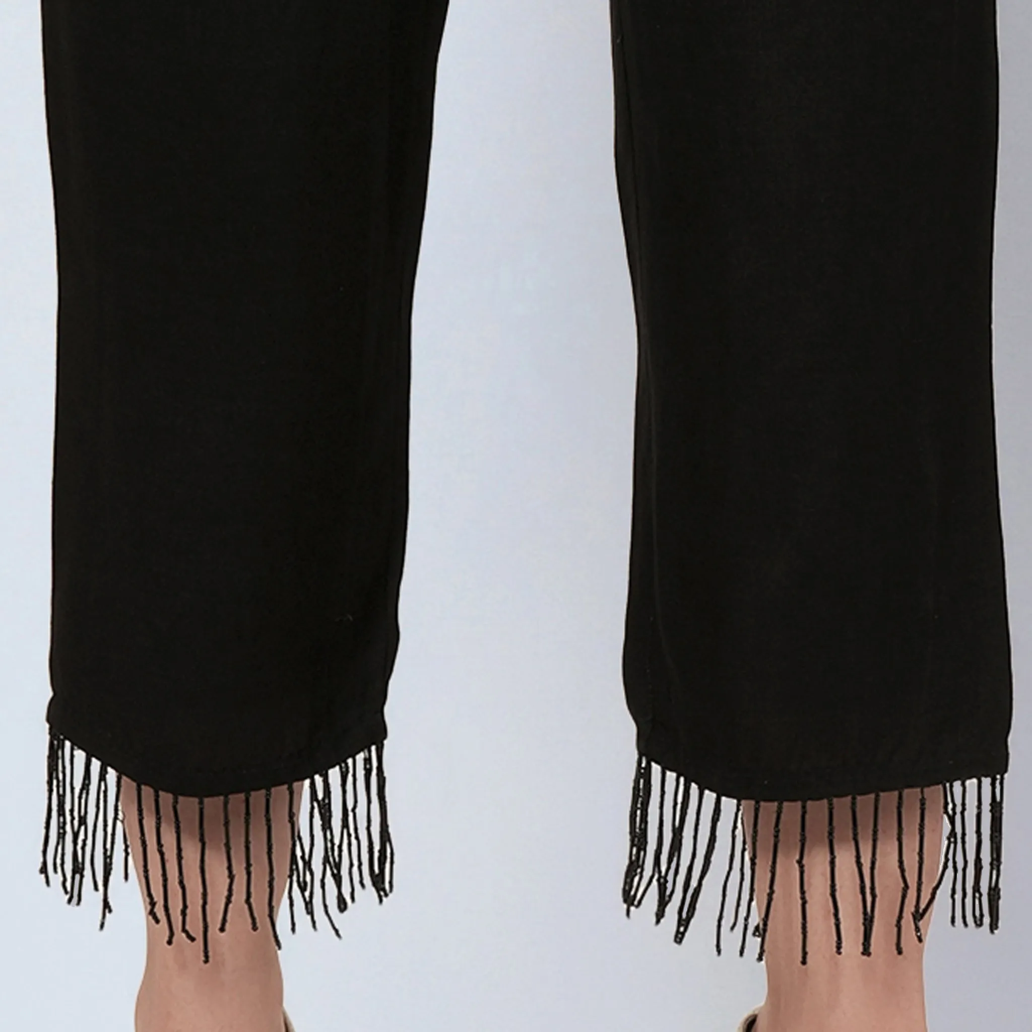 Black Linen Top and Pants Set with Bead Lace
