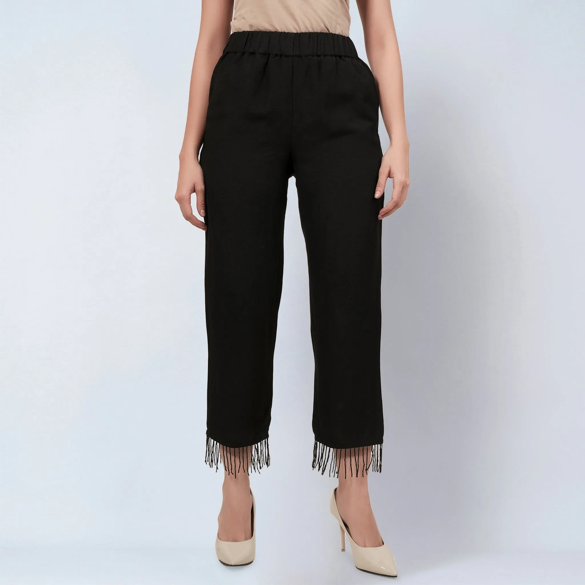 Black Linen Top and Pants Set with Bead Lace