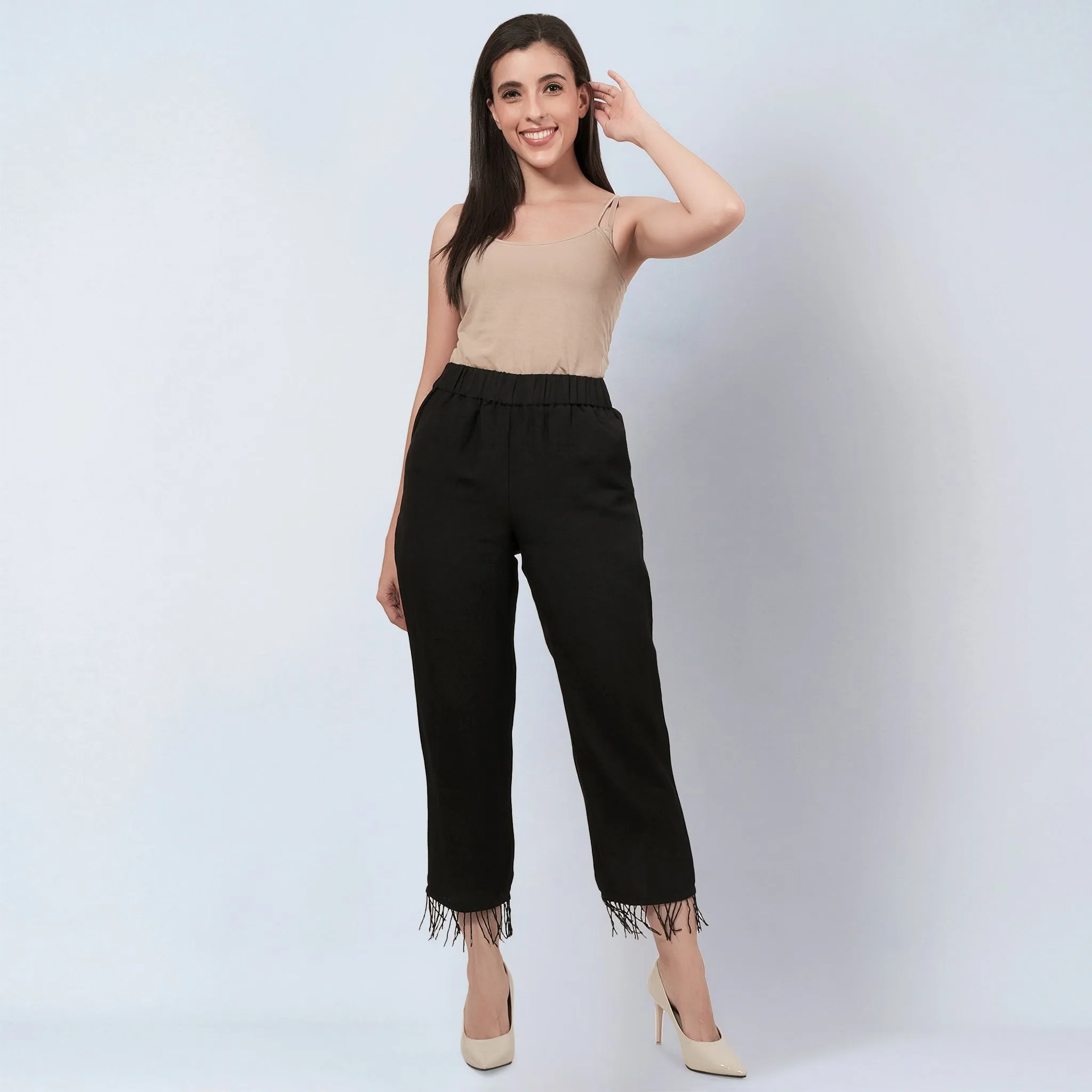 Black Linen Top and Pants Set with Bead Lace