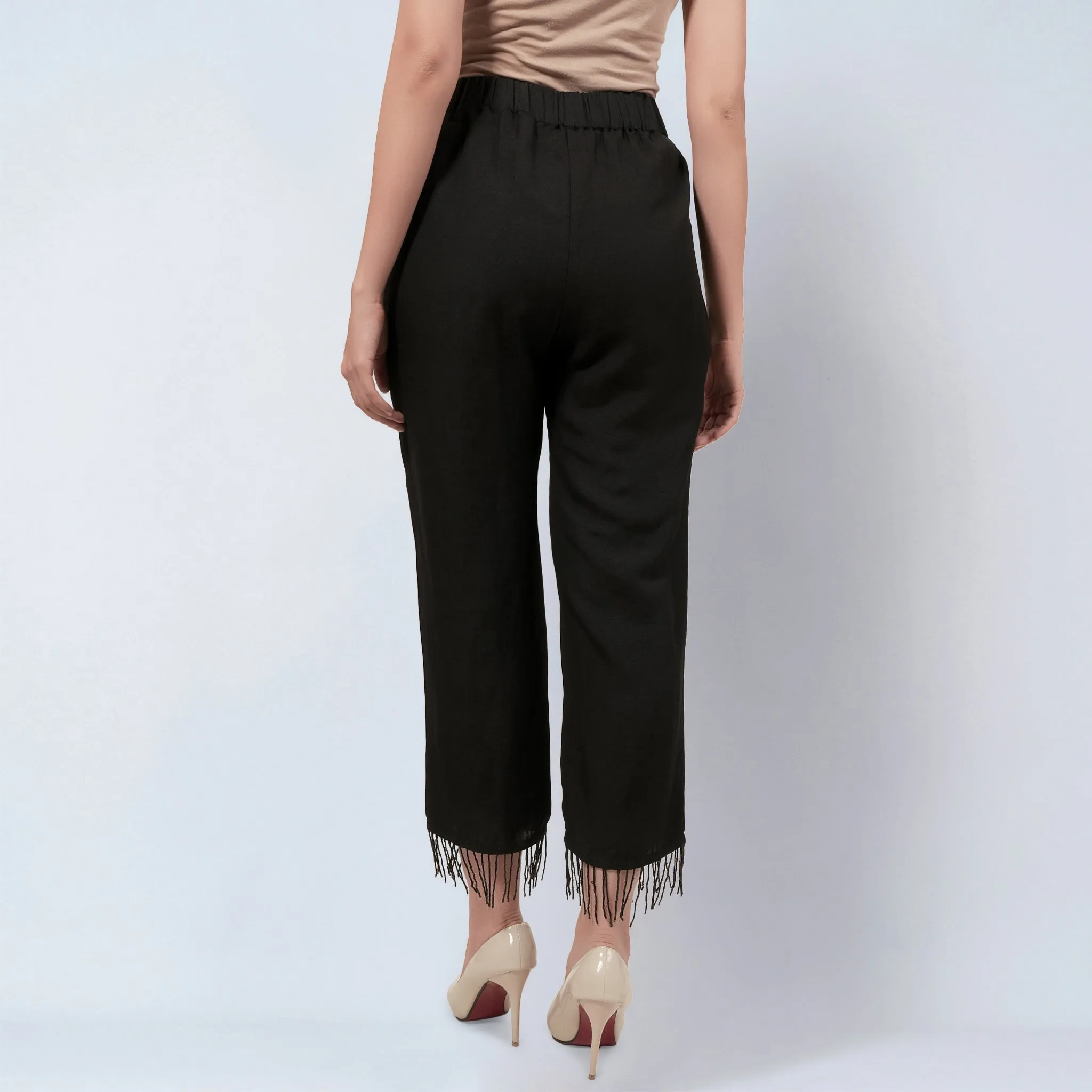 Black Linen Top and Pants Set with Bead Lace