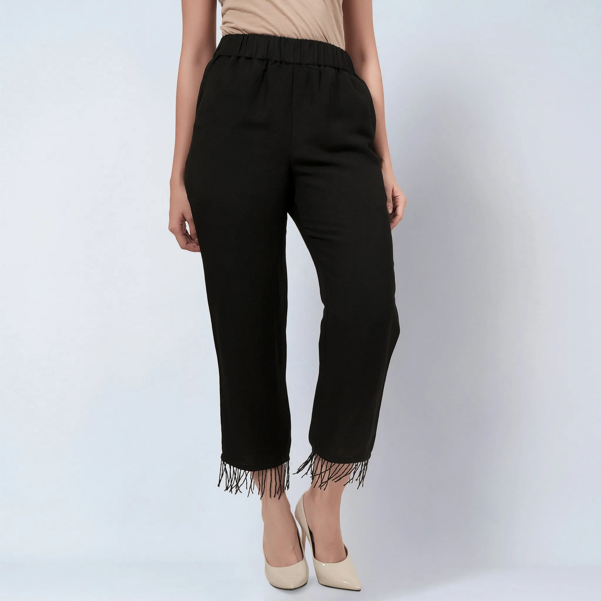 Black Linen Top and Pants Set with Bead Lace