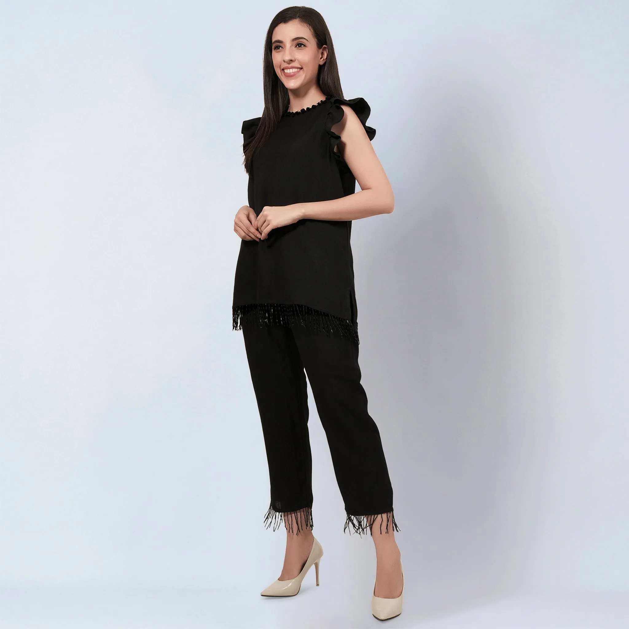 Black Linen Top and Pants Set with Bead Lace