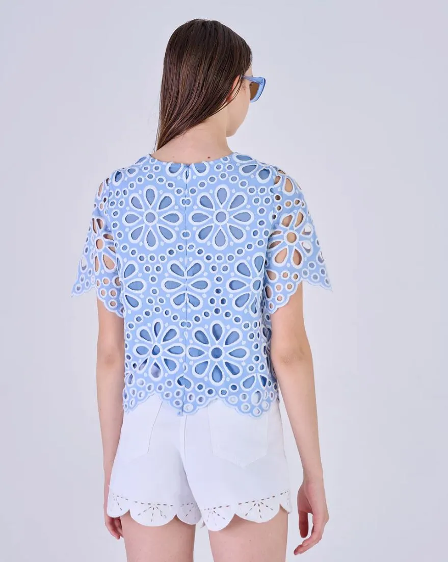 Blue & White Floral Cut Out Top With Round Neck