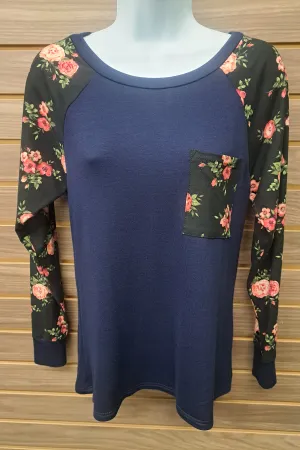 Blue black floral pocket top