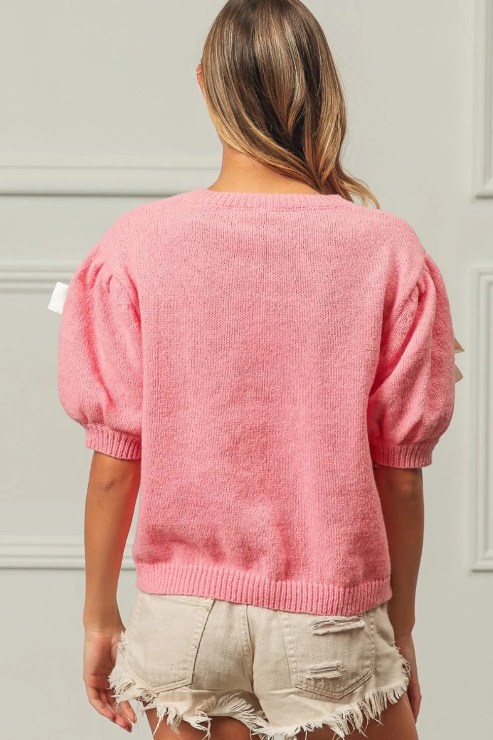Bow Detail Puff Sleeve Sweater in Pink Ivory