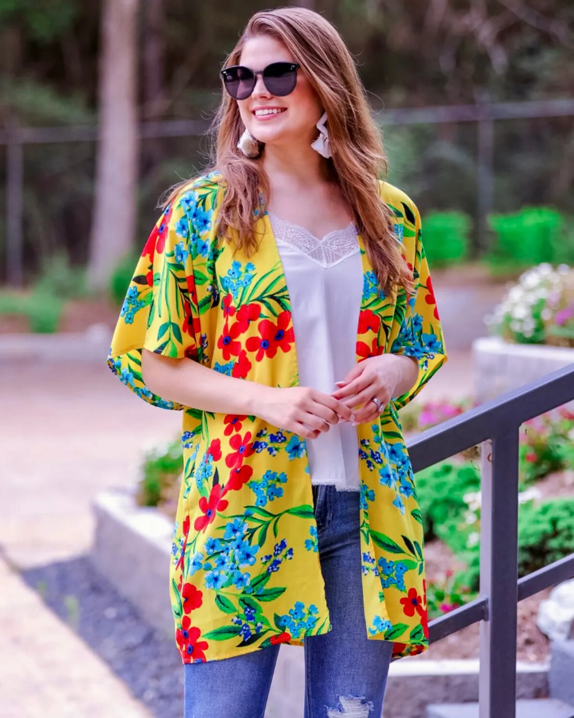 Bright Yellow Sunshine Multi Color Floral Lightweight Kimono