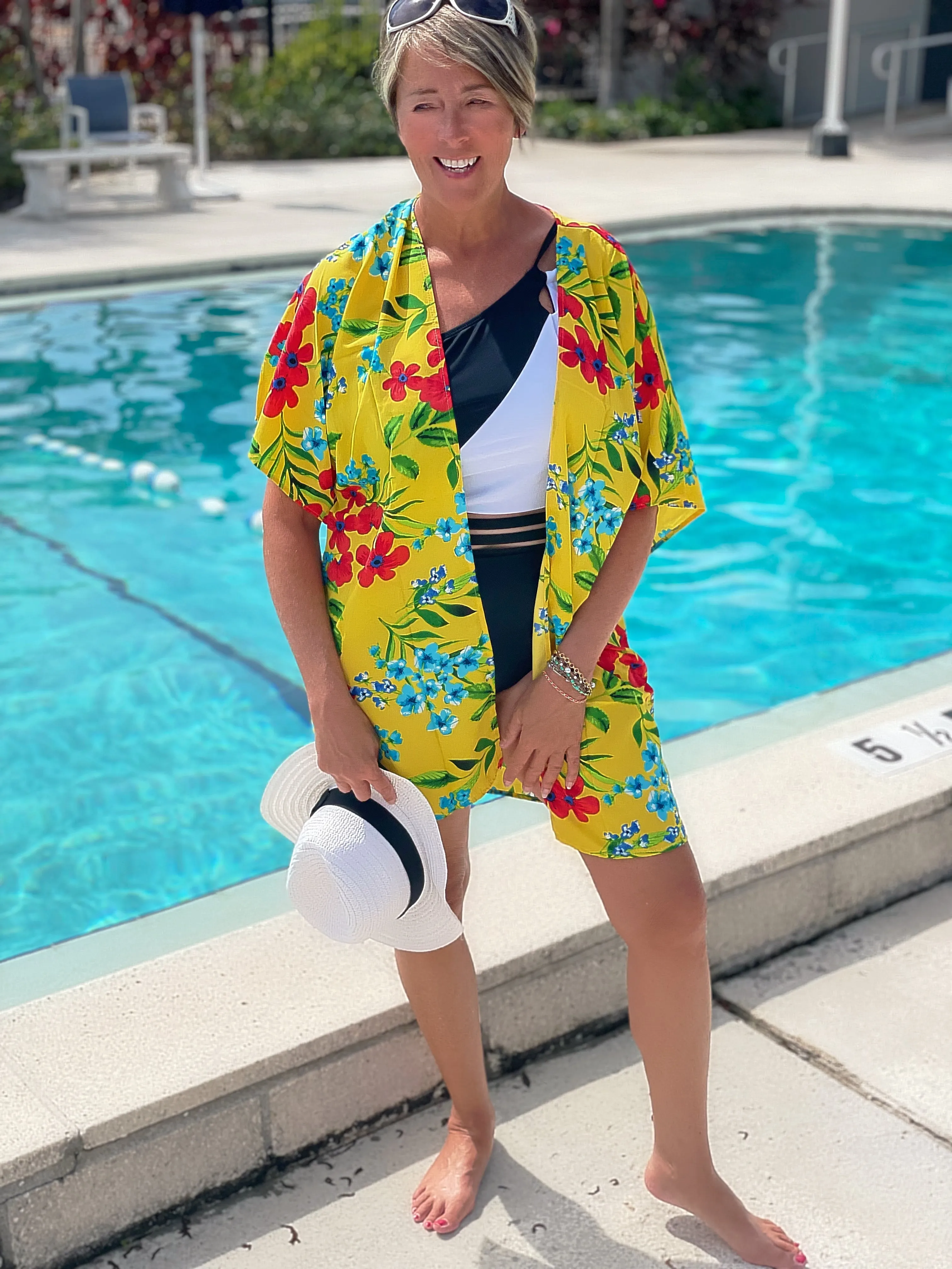 Bright Yellow Sunshine Multi Color Floral Lightweight Kimono