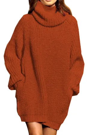 Brown Women's Loose Turtleneck Oversize Long Pullover Sweater Dress - Pink Queen