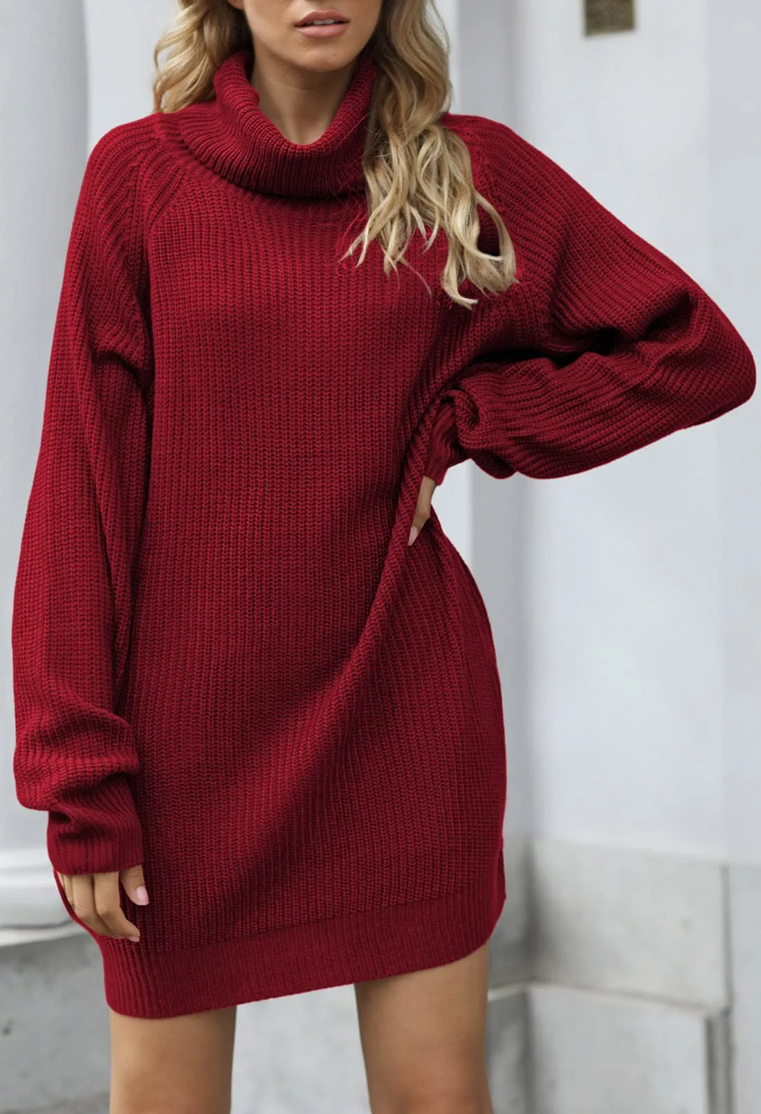 Brown Women's Loose Turtleneck Oversize Long Pullover Sweater Dress - Pink Queen