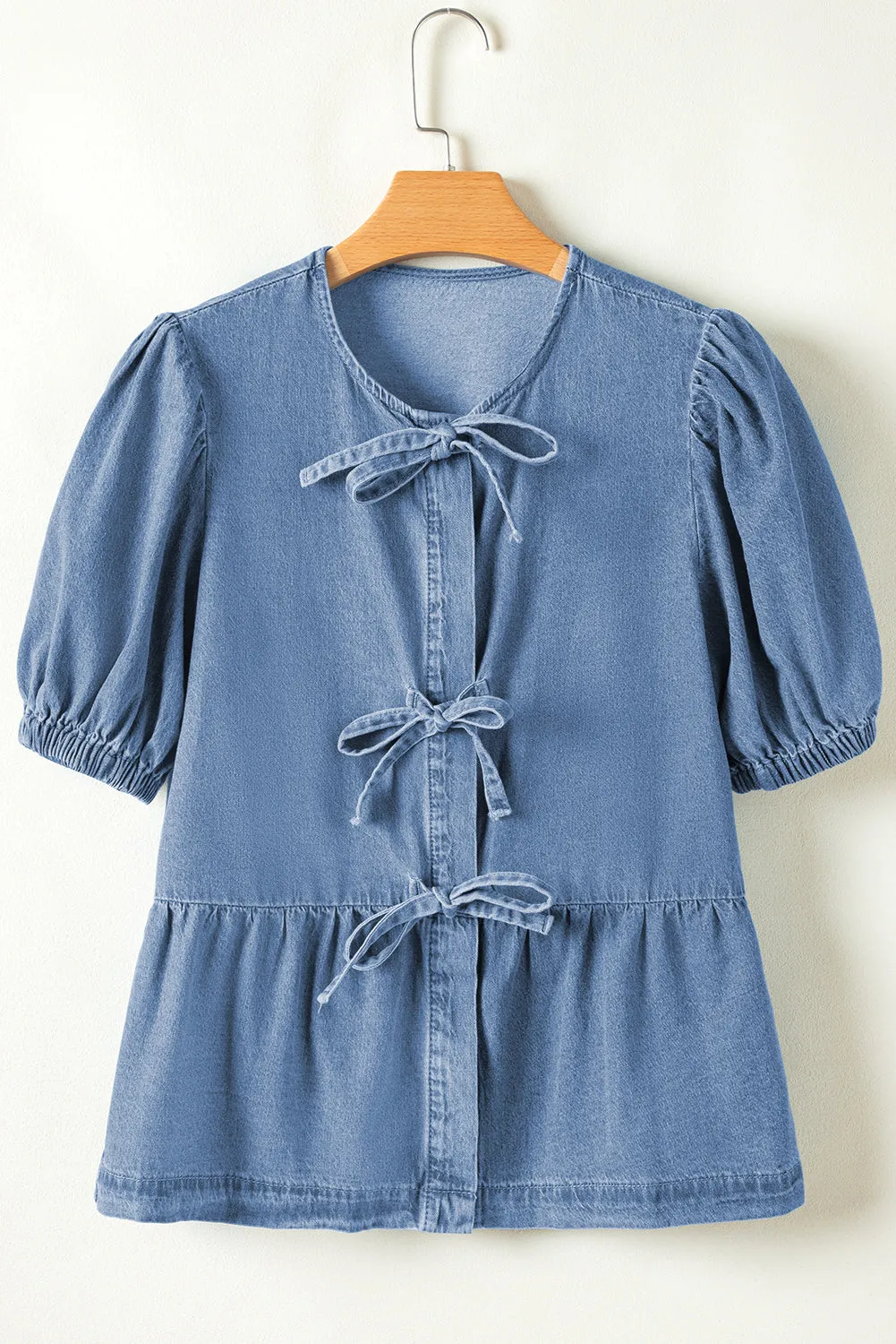 Bubble Sleeve Peplum Denim Shirt