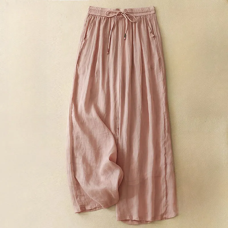 Buddha Stones Soft Pure Color Double Layer Drawstring Cotton Linen Women's Wide Leg Pants With Pockets